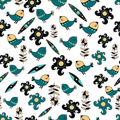Light ornament with turquoise birds and ethnic orange symbols on a white background. Seamless texture for children's, living room, office, fabric.
