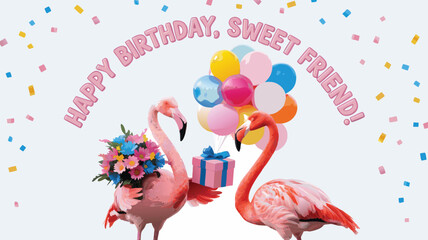 Happy Birthday Sweet Friend Pink Flamingos with Flowers, Balloons, and Gift Celebration