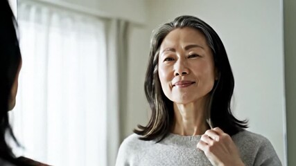 Asian woman in her 40s styling her hair in the mirror