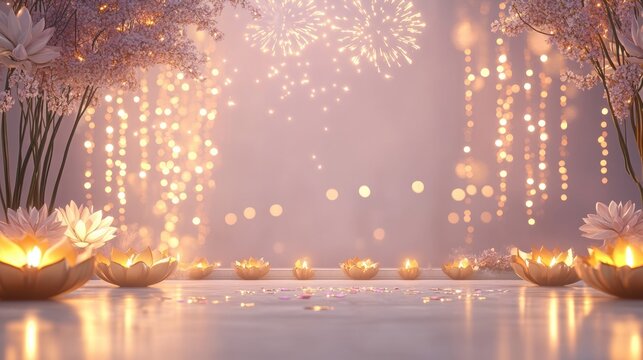 Banner design for diwali festival and podium,Diwali light decoration candle with fireworks,Stage,Product display Showcase design sparkle background,Deepavali,Dipavali,3D podium illustration.