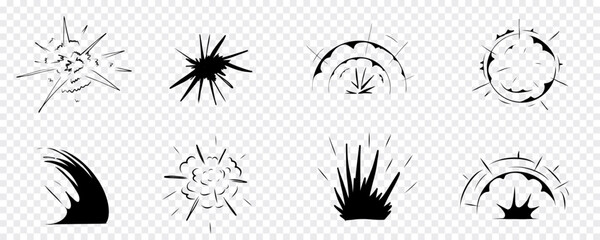 Explosion effect comic manga line sketch. Motion anime explode, radial action burst. Round explosions cloud silhouette on transparent background.
