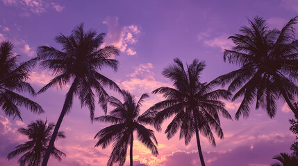 Obraz premium Tropical Evening Canopy: The sun gently sets, painting the sky with fiery hues, while silhouettes of palm trees stand as graceful sentinels. Perfect for evoking warmth, serenity.
