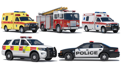 Naklejka premium Illustration of Emergency Vehicles Ambulances, Fire Truck, and Police Cars Against a White Background