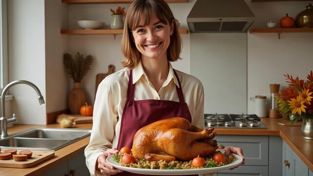 A woman in an apron proudly holds a roasted turkey with stuffing in a beautifully decorated festive kitchen, preparing a warm Thanksgiving dinner scene in 4k.