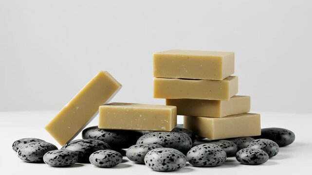 Porous Beige Soap Bars Stacked on Dark Speckled Pebbles Minimal Still Life