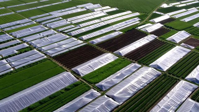 Aerial 4K video of neatly arranged crop fields and plastic covered greenhouses in the Po Valley near Piacenza showing efficient fruit farming practices with strong lines and textures from above