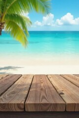 Fototapeta premium Empty wooden table on pristine sandy beach, blurred ocean backdrop , sand, blur