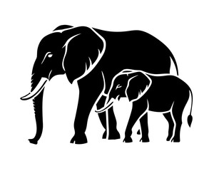 Fototapeta premium A striking black vector silhouette of a large wild elephant, its trunk raised, walks gracefully, a perfect illustration for nature and safari designs
