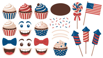 Red, White, and Blue Cupcakes, Candy, Bow Ties, Fireworks and Flag Decorations Clipart