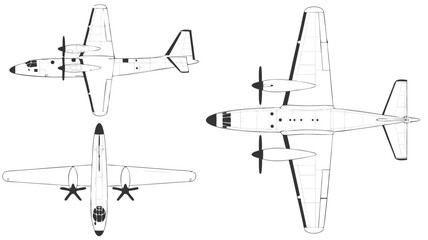Three Views of a TwinEngine Turboprop Aircraft, Line Drawing on White