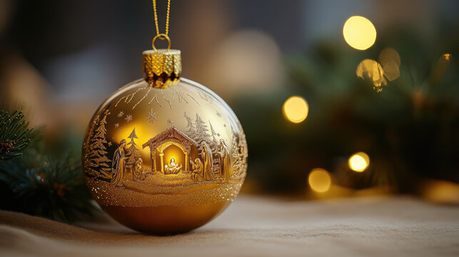 Illuminated golden Christmas ornament with a nativity scene. The ornament features a detailed depiction of the nativity in a serene setting. Copy space.