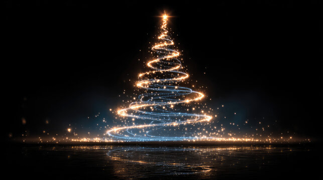 Fototapeta Blue glowing neon Christmas tree in minimalist abstract design, elegant fir illustration with copy space for your advertising, holiday banner concept. Merry Christmas,Happy New Year 2026