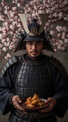 Samurai with tempura in traditional armor amidst cherry blossoms