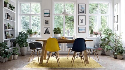 Obraz premium Dining area with natural light and plants.