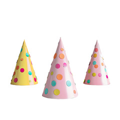 Three colorful party hats with polka dots