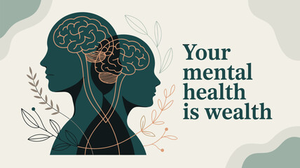 World Mental Health Day Poster Vector Illustration with Brain, Green Ribbon, Support Hands, Wellness Symbols, Calm Face, Plants, Mind Icons and Green Theme