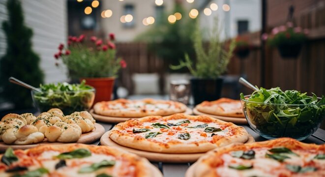Outdoor pizza party with margherita pizza, garlic knots, and salad. Perfect for summer gatherings, Italian restaurants, and food blog promotions. Cozy atmosphere.