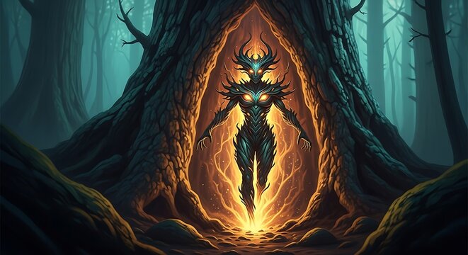 Otherworldly Guardian Emerging from Luminous Tree Portal in a Dark Fantasy Forest.
