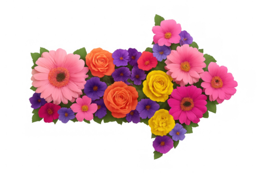 Vibrant blossoms form an arrow pointing to the right, creating a cheerful and directional element on a transparent background