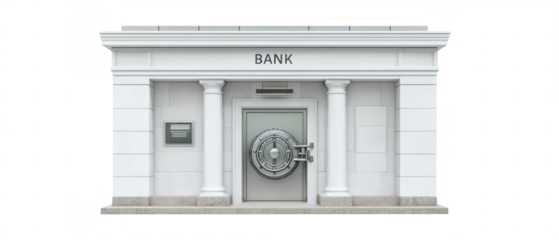 A classic bank facade featuring two columns and a large secure vault door at the entrance, symbolizing financial security and trust.