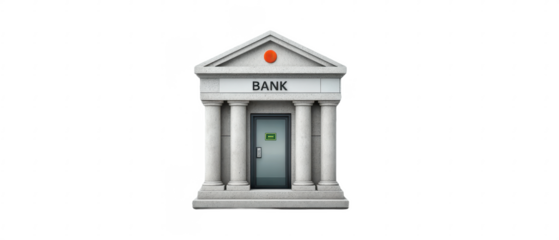 A classical bank building with four columns, a triangular pediment, and a door labeled "Bank.