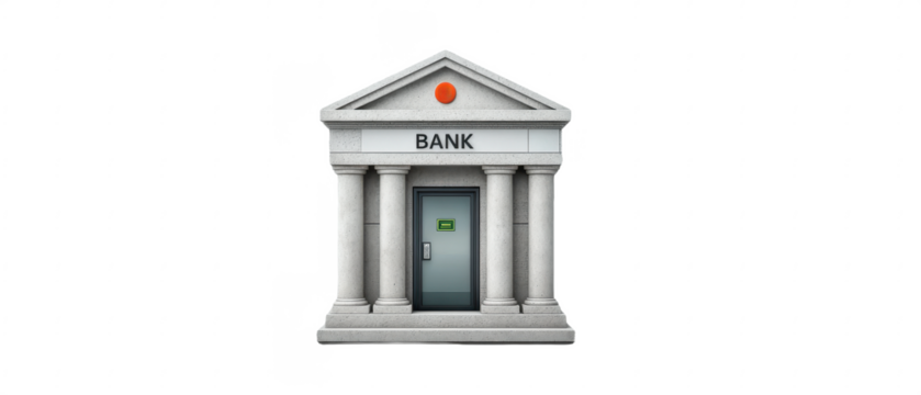 A classical bank building with four columns, a triangular pediment, and a door labeled "Bank.