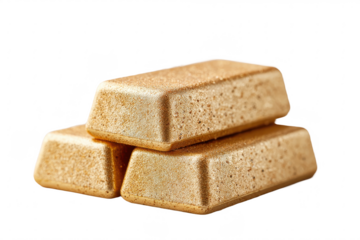 Three stacked gold bars with a textured surface, exhibiting a metallic, shiny, and valuable appearance.