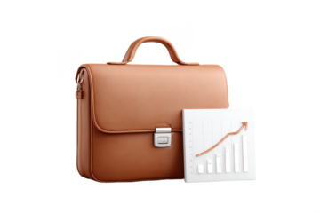 A brown leather briefcase with a handle and a silver clasp is displayed alongside a chart showing an upward trend in a bar graph.