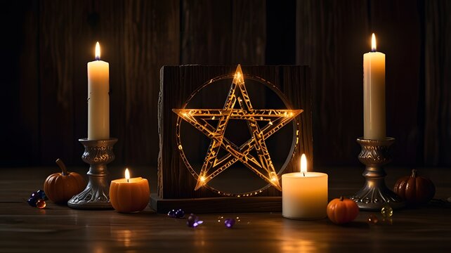 Mystical pentagram illuminated by candles and surrounded by pumpkins and crystals