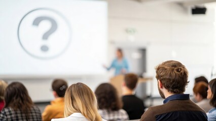 Blurred seminar scene with floating question mark icon — curiosity and professional inquiry
