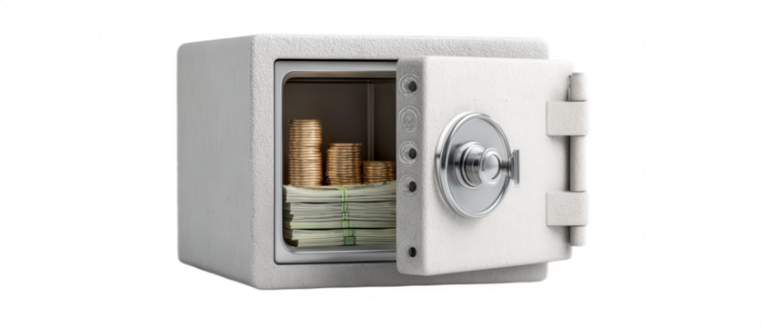 A sturdy safe with its door open reveals neatly stacked bundles of cash and several stacks of gold coins inside.