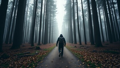 Wide-angle shot of a lone traveler walking along a narrow forest trail, surrounded by tall trees, fallen leaves on the ground, soft mist in the distance, wearing a backpack and jacket, moody lighting