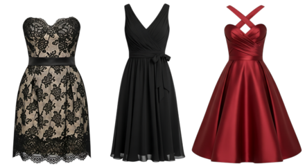 Three elegant evening gowns isolated on transparent background