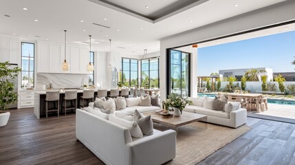 Fototapeta premium Open-concept living area with modern kitchen and pool view.