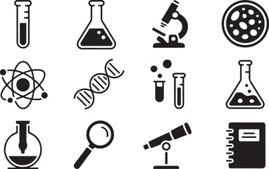 Simple Black and White Science Icons Set in vector