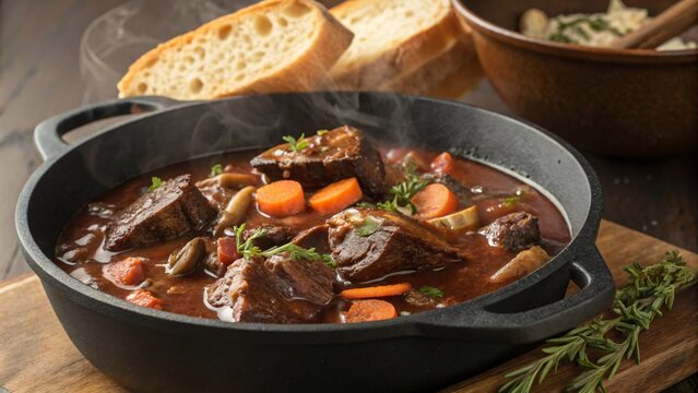 Hearty beef stew with vegetables and crusty bread in a dutch oven