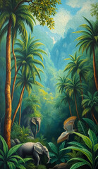 Artistic brush strokes. Jungle landscape for printing on wall decorations. Oil painting