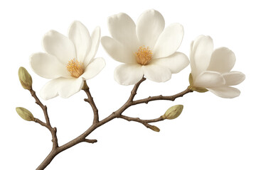 Obraz premium Magnolia branch displaying pristine white flower blossoms, soft petals emerging against clean background, highlighting botanical elegance