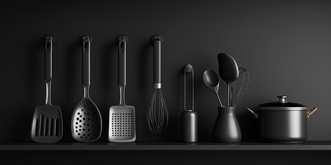 Set of sleek, minimalistic kitchen utensils is displayed against black background, creating modern and elegant aesthetic. collection includes spatulas, whisk, and pot, all cohesive dark color