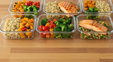 Healthy Meal Prep with Grilled Salmon, Colorful Vegetables, and Quinoa Organized in Glass Containers