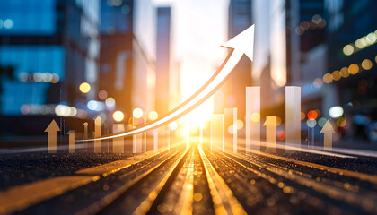 Ascending Arrow and Bar Graph Overlayed on City Street at Sunset