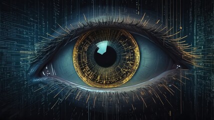 A close up of an eye with a digital iris and code flowing around it in a dark environment