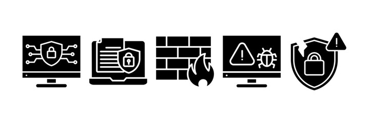 Cyber Security Icon Set Multiple Style Collection, Containing design Data Security, Firewall, Cybersecurity, Computer Virus, Security Breach