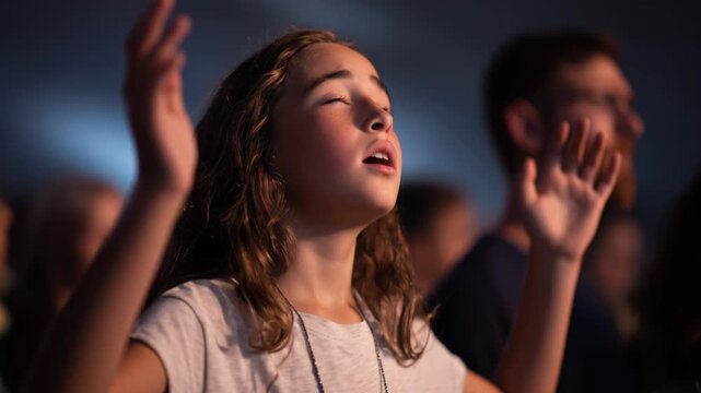 Young female child raises her hands and follows along at a church musical concert with other worshippers in the background around her