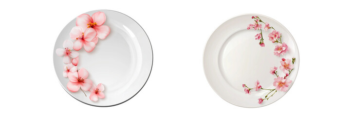  Set of a white plate with pink flowers, isolated on transparent background.