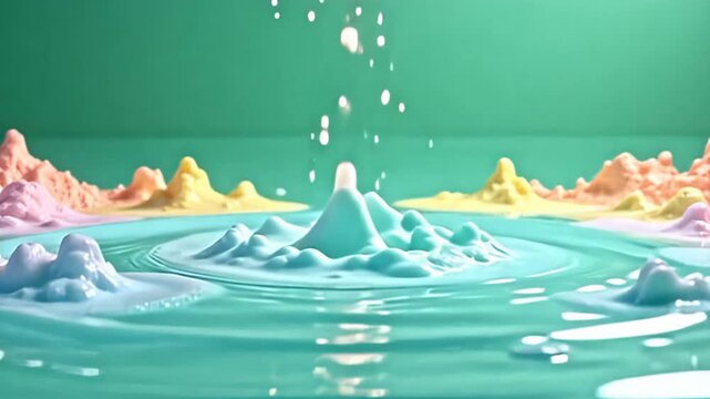 A serene yet dynamic array of pastel hues cascades across a green screen, converging into a peaceful shimmering spikeball of noise hazy abstract pulses that emits soft, rhythmic vibrations,