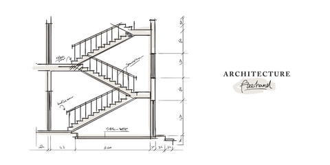 Architecture stairs details freehand drawing, Sketch Hand drawn Drawing design.