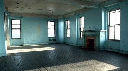 Obraz premium Empty room with antique fireplace and large windows.