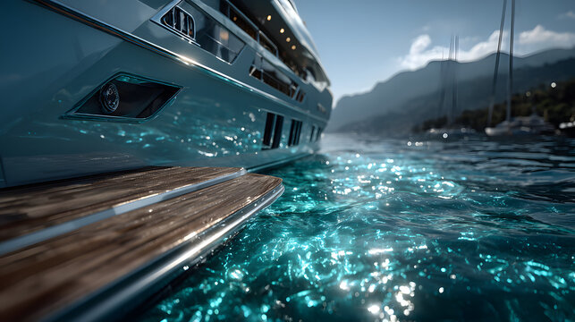 Luxusyacht gleitet durch türkisfarbenes Wasser an sonnigem Sommertag
