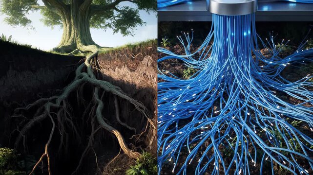 A Split-Screen Animation Illustrating the Connection Between Nature's Networks and Technological Networks, Perfect for Green Tech and Sustainable Computing Videos